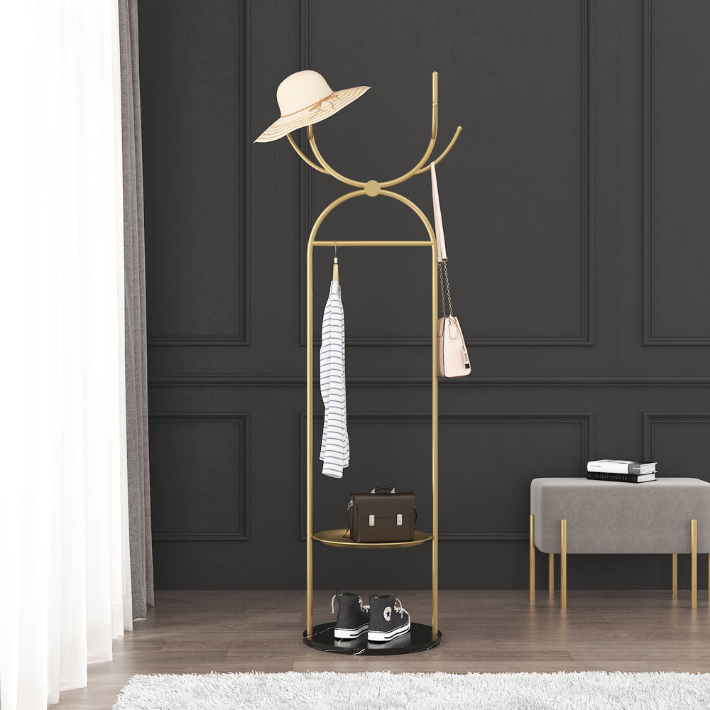Metal Coat Rack Stand with Shelves and Hooks, Marble Base P792179