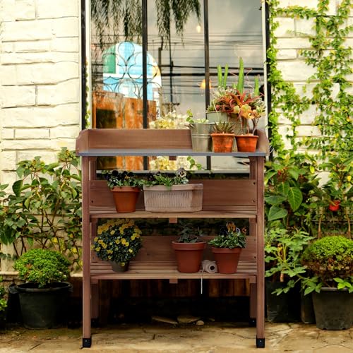 Fir Wood Potting Bench Table with 3 Tier Shelves F4750