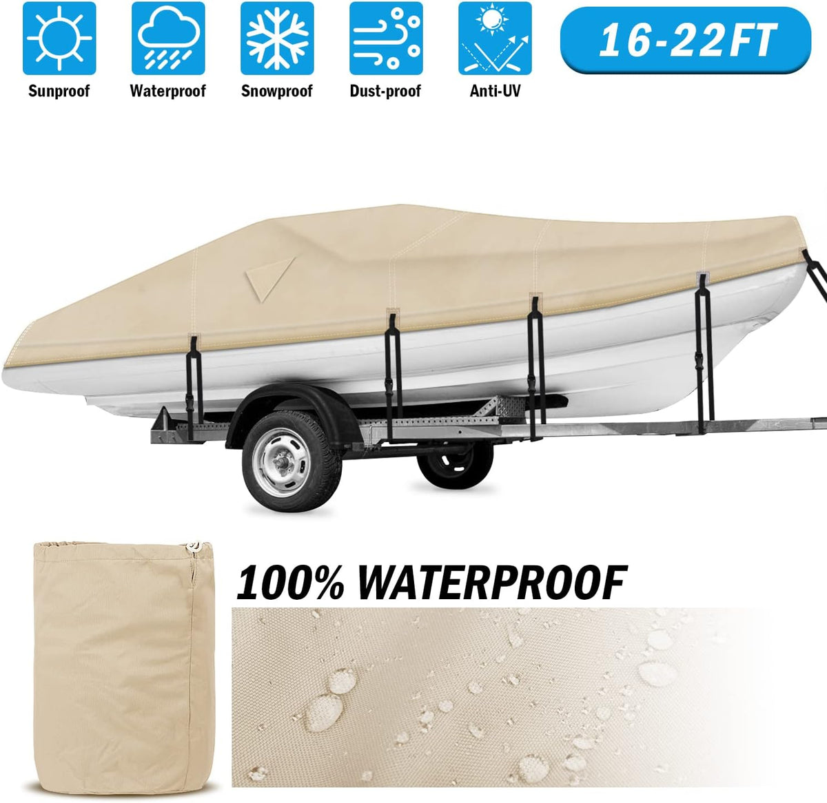 600D Waterproof Trailerable Boat Cover (17-19ft, Beige) P208