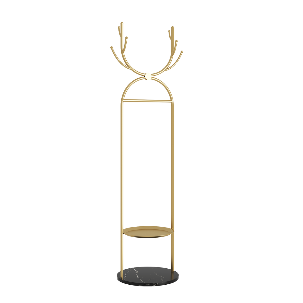 Metal Coat Rack Stand with Shelves and Hooks, Marble Base P792179