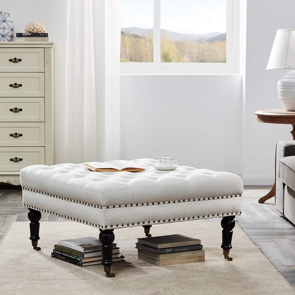 Gray Linen Ottoman with Caster Wheels O314
