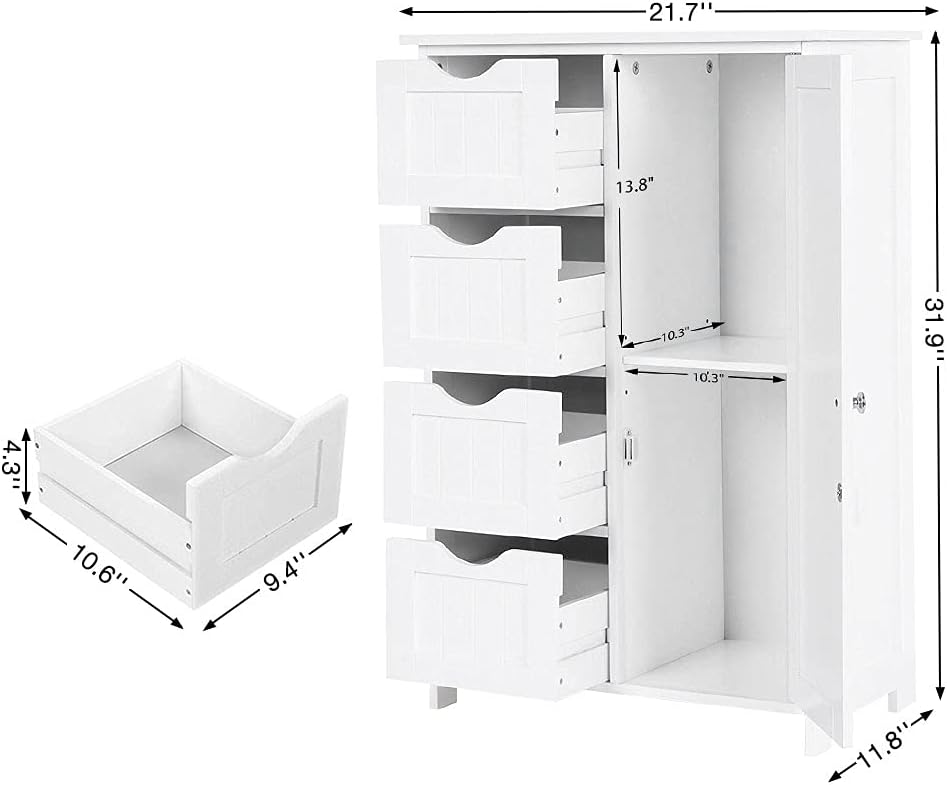 White Wooden Floor Storage Cabinet with 1 Door & 4 Drawer O1828